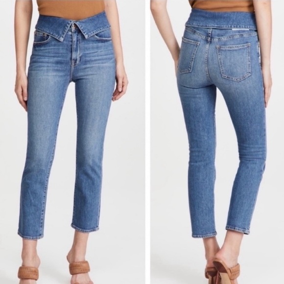 Jonathan Simkhai Blue Denim Foldover Waistband Jeans - Picture 1 of 8